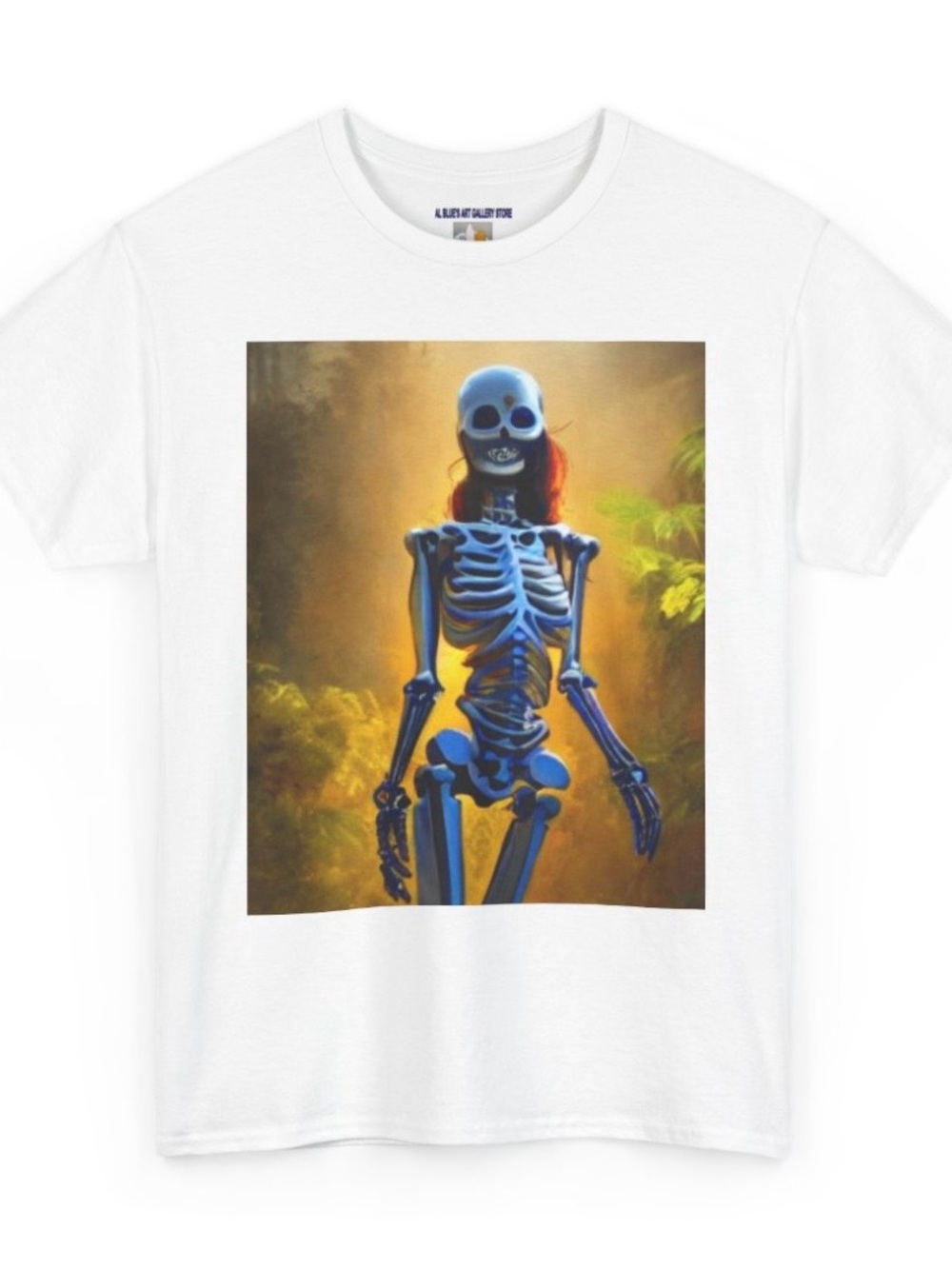 Al Blue designed,White Graphic Tee with Blue Skeleton Art